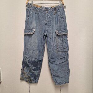 Vintage  Da-Nang  Lightweight Denim Embroidered Capri pants- Size S -Y2K